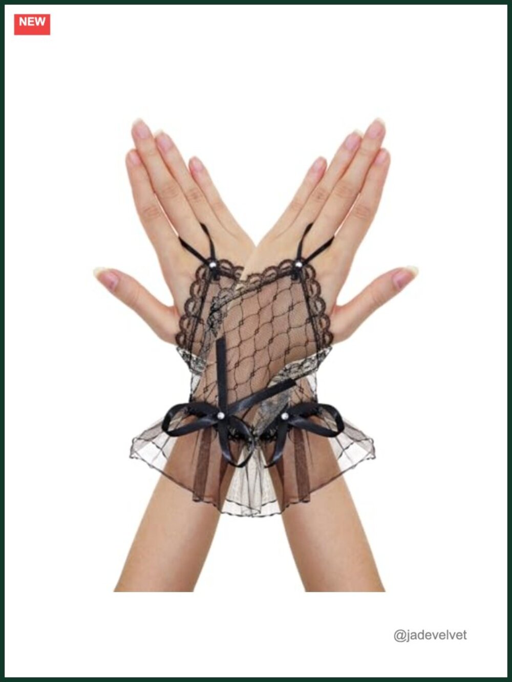 Lace Mesh Sheer Fingerless Gloves with Bow & Rhinestone, Wedding & Costume